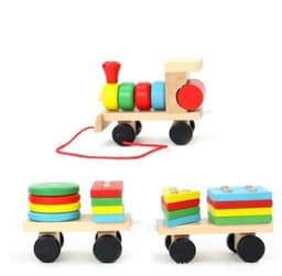 image-Young Delle drag three small trains wooden puzzle disassembly nut combination shape matching early education toys
