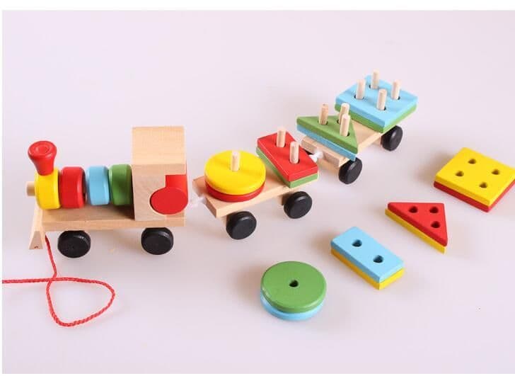 image-Young Delle drag three small trains wooden puzzle disassembly nut combination shape matching early education toys