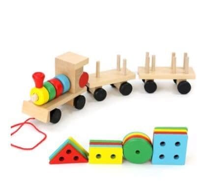 image-Young Delle drag three small trains wooden puzzle disassembly nut combination shape matching early education toys