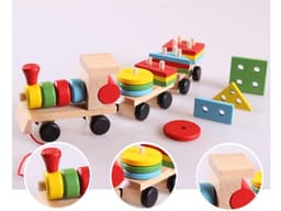 image-Young Delle drag three small trains wooden puzzle disassembly nut combination shape matching early education toys
