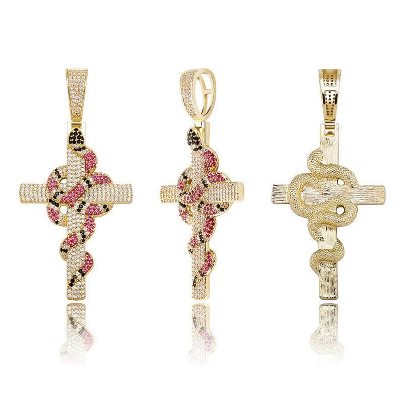 image-Cross-border Amazon New Europe and America Retro Snake Cross Pendant Real Gold Electroplated Full of Zircon Men’s Necklace Jewelry