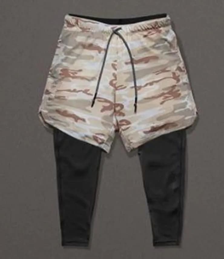 image-Cross-border new mesh shorts men's sports leisure running fitness double-layer quick-drying breathable fake two-piece nine-point pants