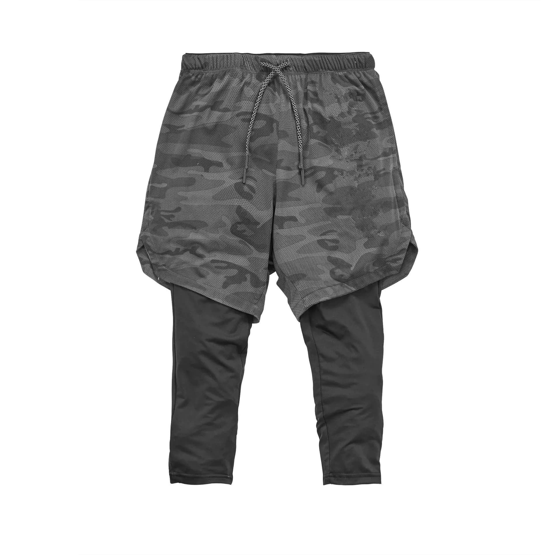 image-Cross-border new mesh shorts men's sports leisure running fitness double-layer quick-drying breathable fake two-piece nine-point pants
