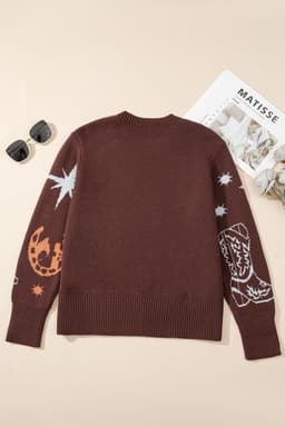image-Brown Cowgirl Fashion Print Casual Sweater