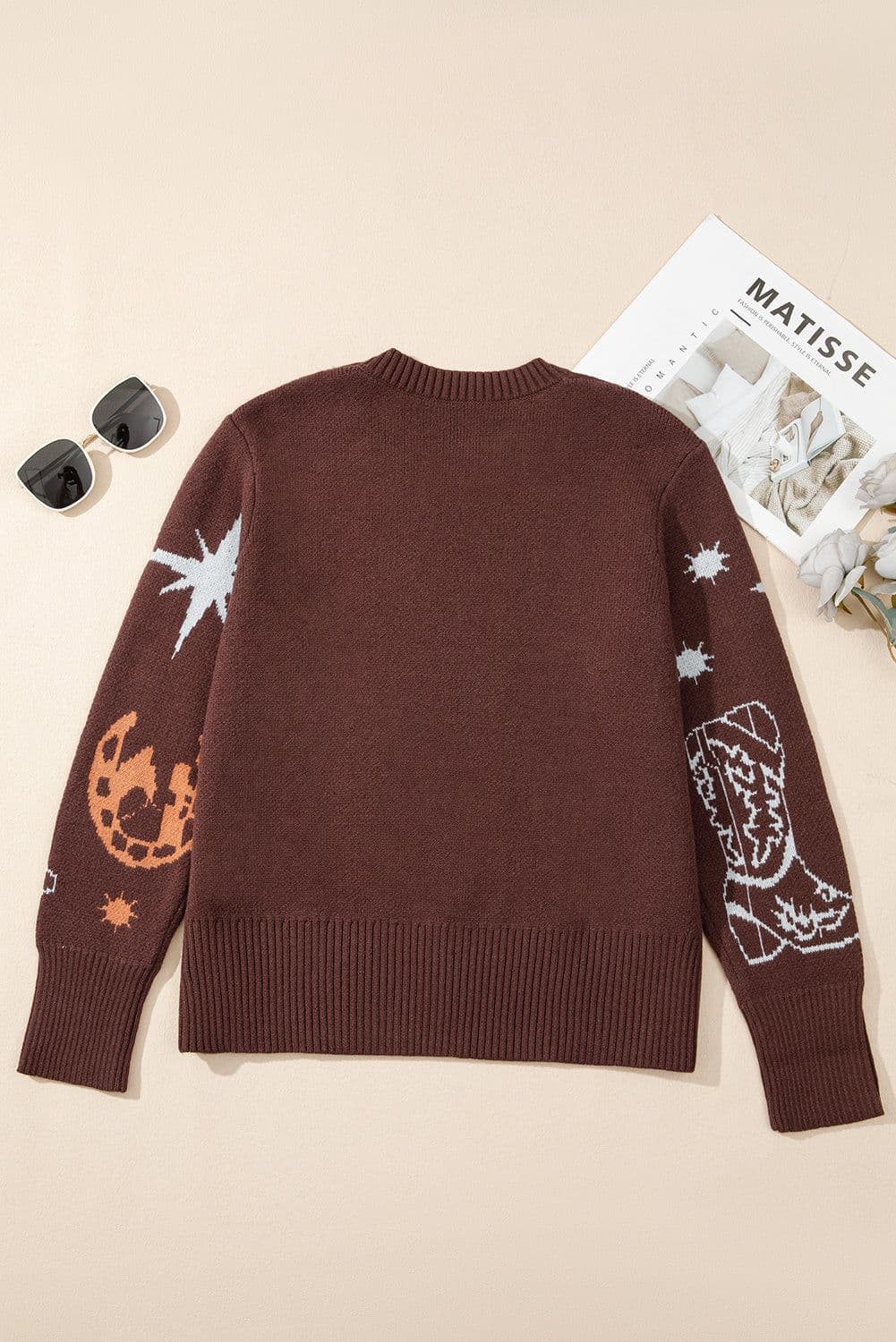 image-Brown Cowgirl Fashion Print Casual Sweater
