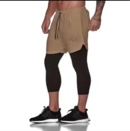 image-Cross-border new mesh shorts men's sports leisure running fitness double-layer quick-drying breathable fake two-piece nine-point pants