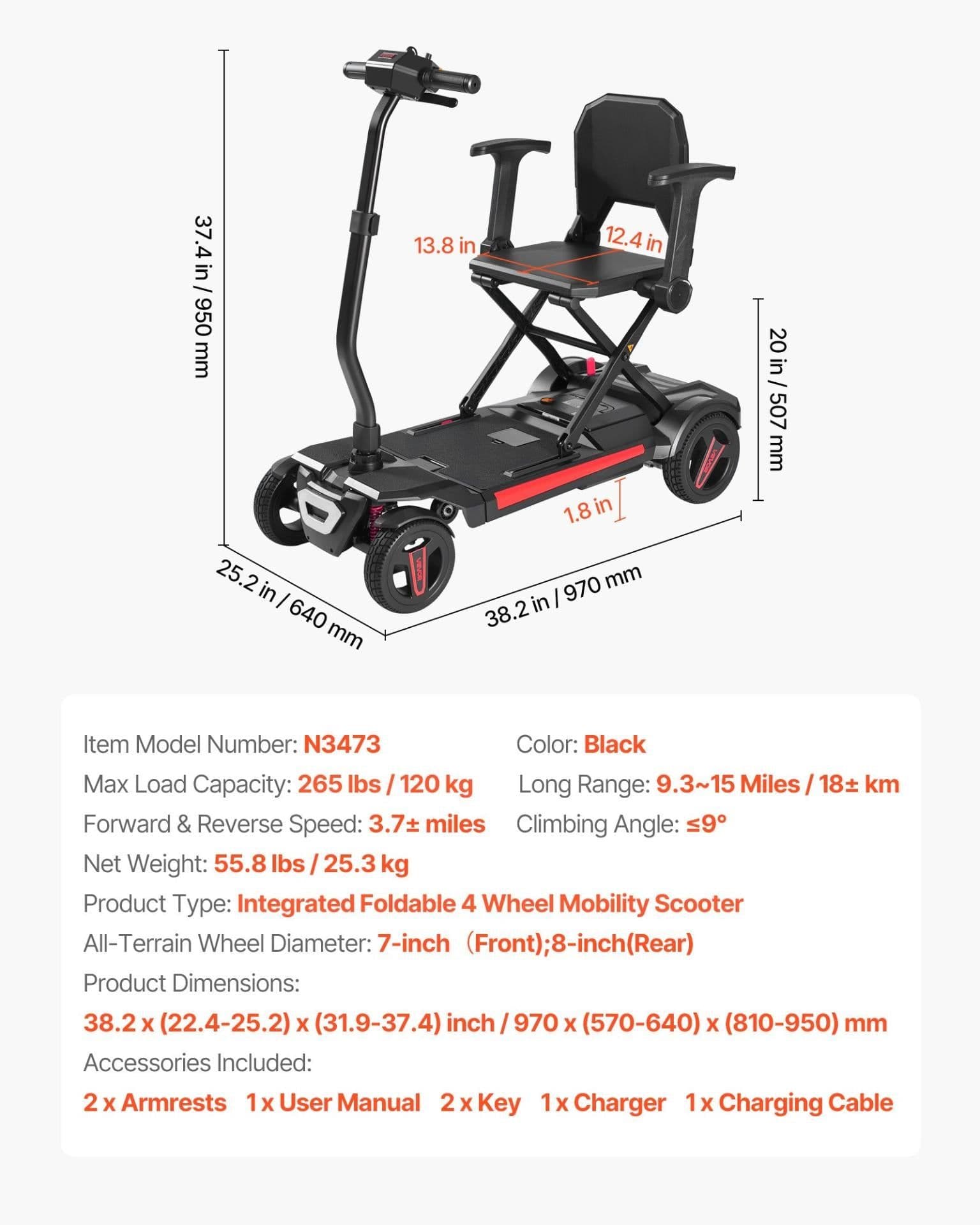 image-VEVOR 4-Wheel Electric Mobility Scooter for Adults & Seniors, Integrated Foldable Mobility Scooter with 9.3 Miles Long Range, All Terrain Travel Wheelchair with 9° Climbing Capacity & 265LBS Loading