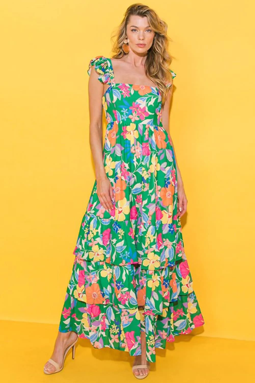 image-Green Floral Print Sleeveless Ruffle Tiered Maxi Dress