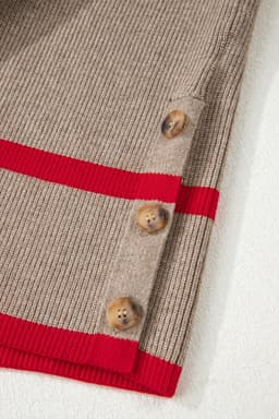 image-Simply Taupe Ribbed Knit Contrasted Stripe Detail Button Side Loose Sweater
