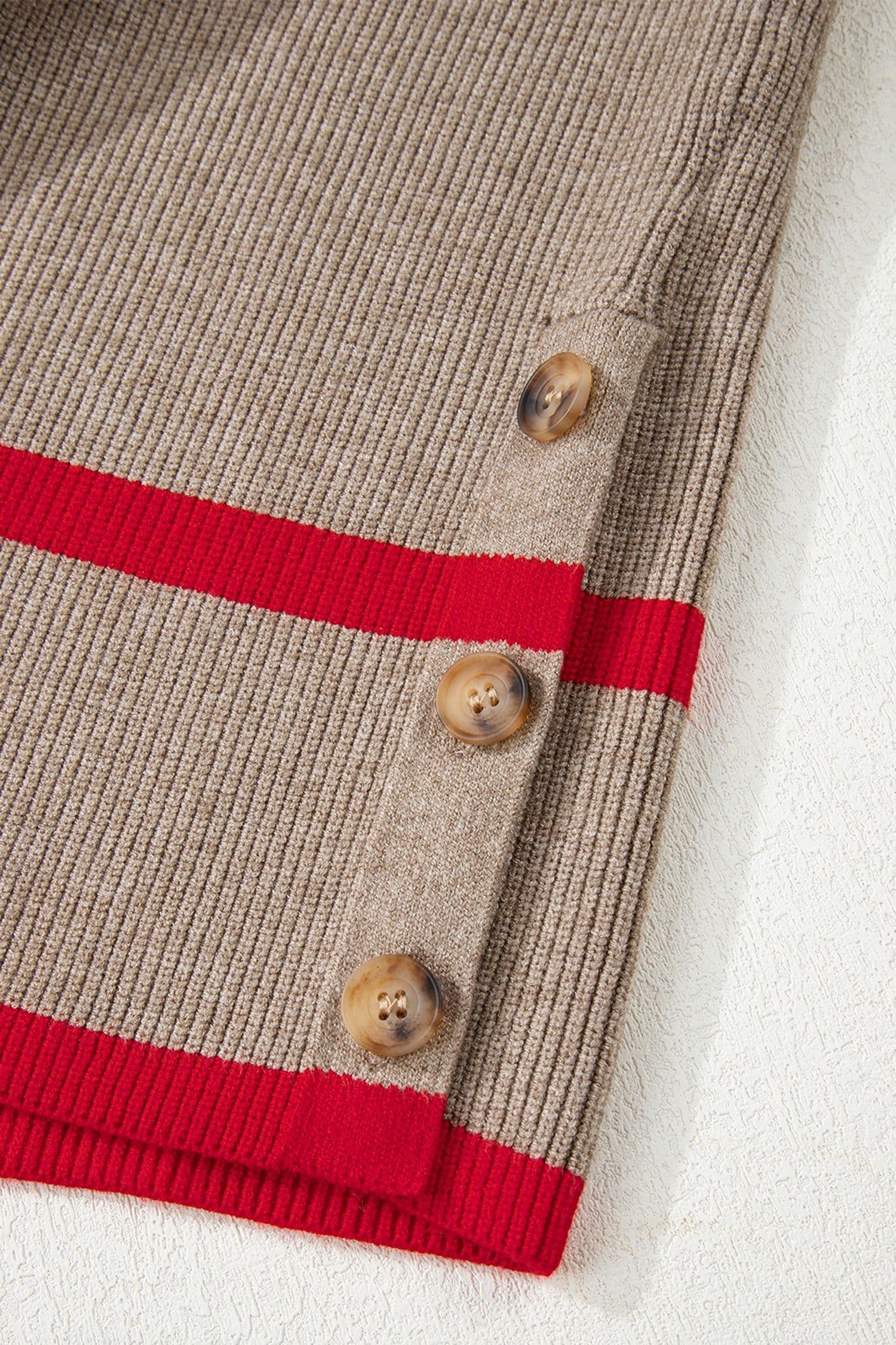 image-Simply Taupe Ribbed Knit Contrasted Stripe Detail Button Side Loose Sweater