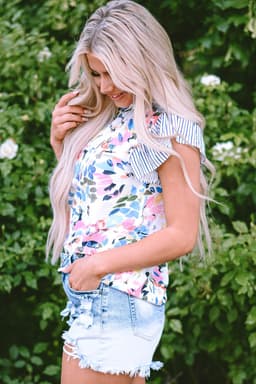 image-Light Blue Floral Print Blouse - Striped Ruffled Sleeves