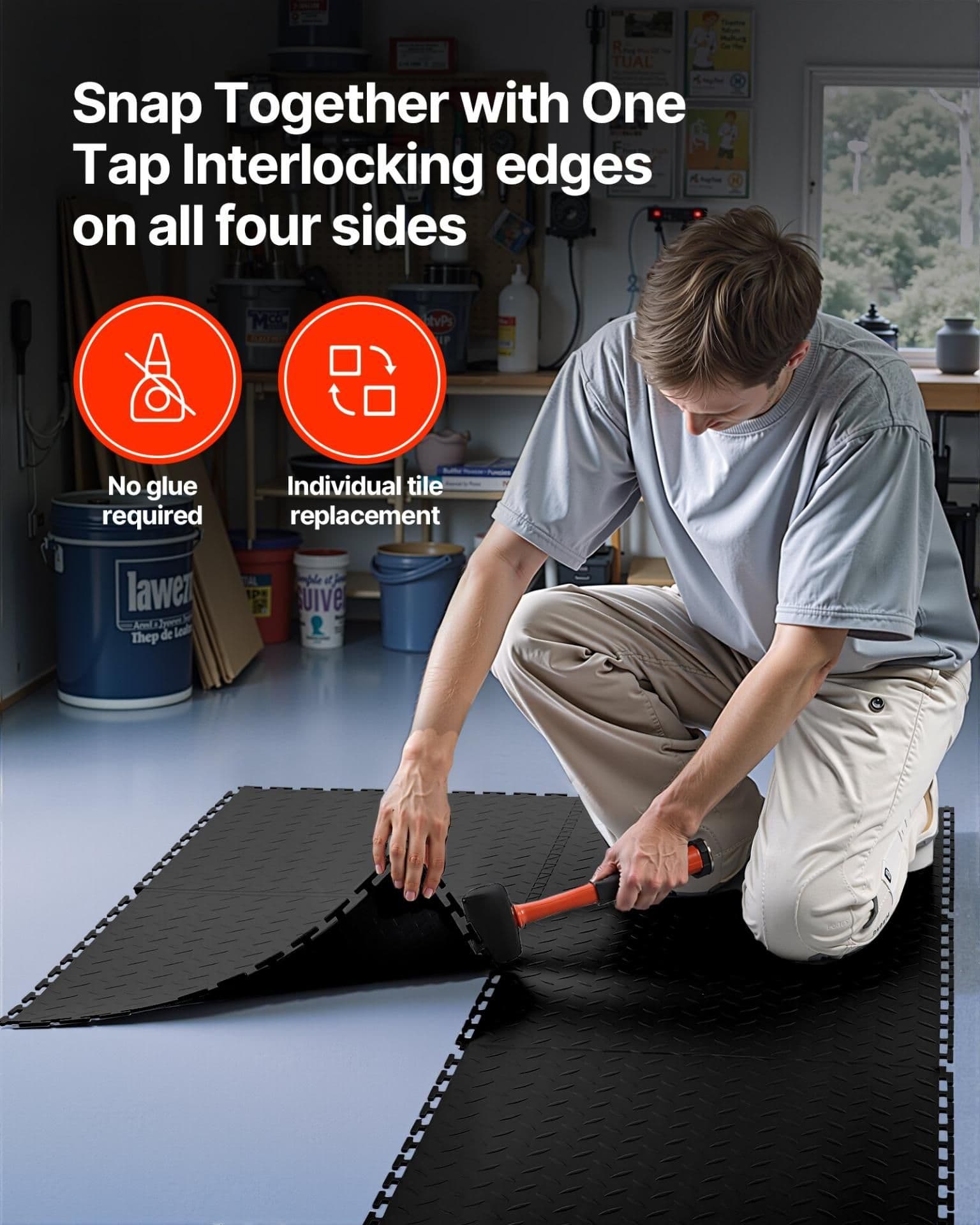 image-VEVOR Interlocking Garage Floor Tiles - 16 Pack Black PVC 20"x20"
