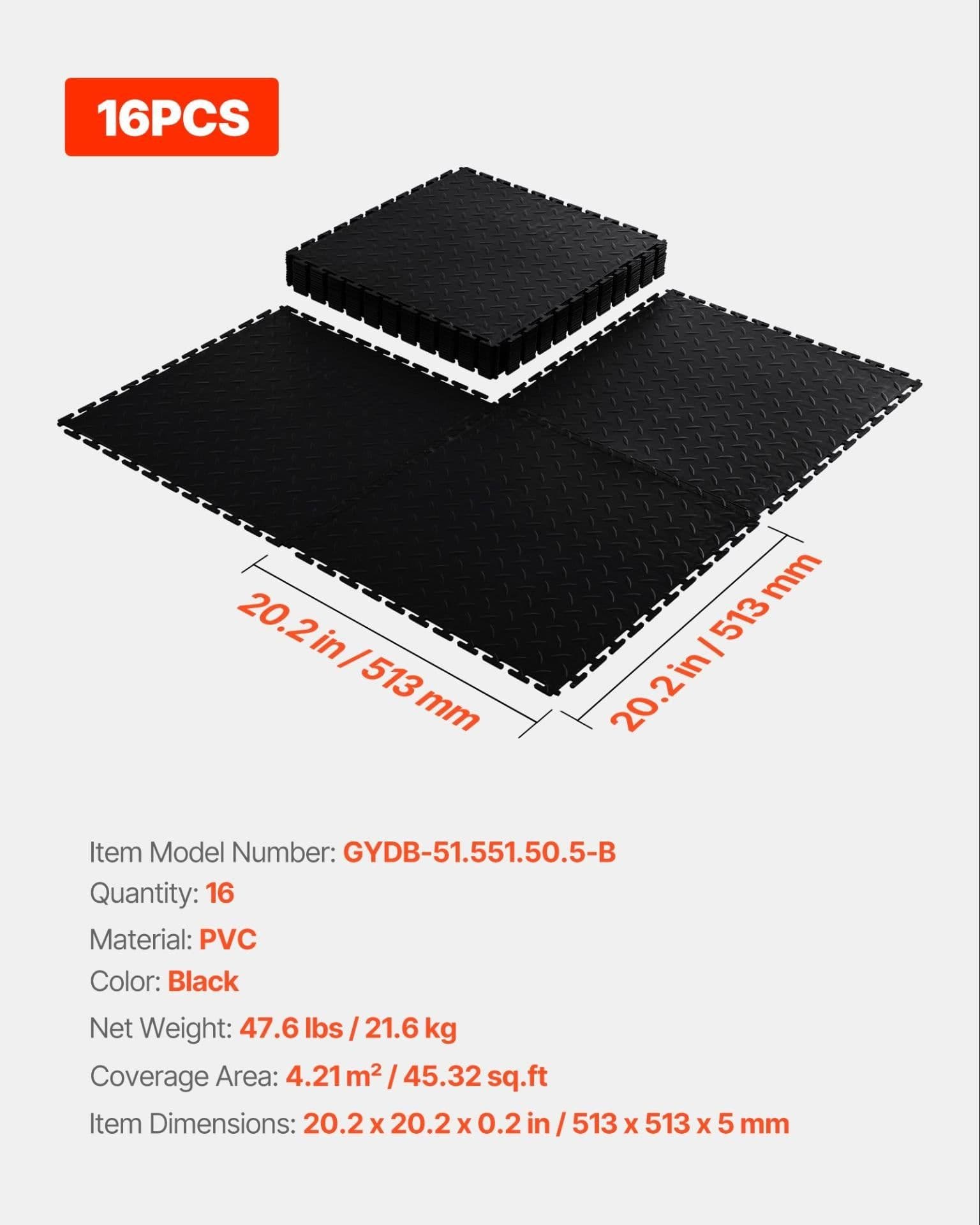 image-VEVOR Interlocking Garage Floor Tiles - 16 Pack Black PVC 20"x20"