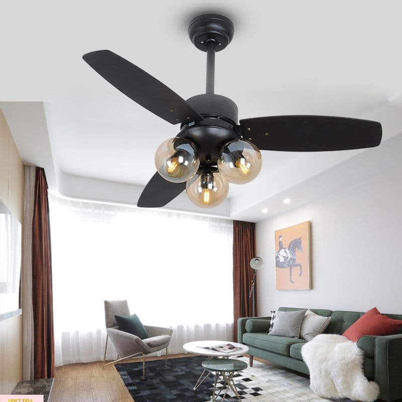 image-Nordic Industrial Wind Magic Bean Glass Ceiling Fan Light Wood Leaf Black Fan Lamp
