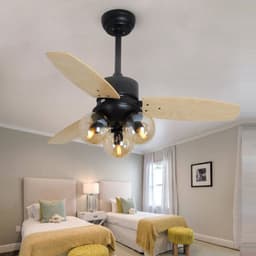 image-Nordic Industrial Wind Magic Bean Glass Ceiling Fan Light Wood Leaf Black Fan Lamp