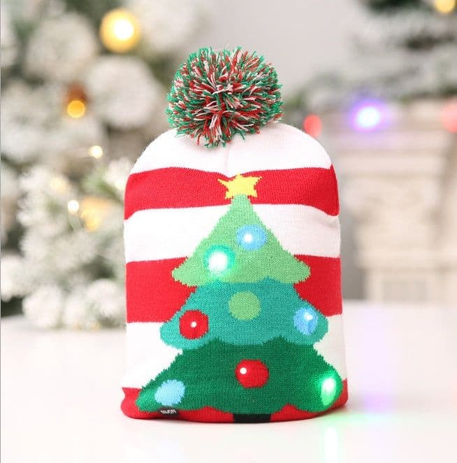 image-Christmas Decoration Knitted LED Light Cap Christmas Tree Snowman Adult Child Hat