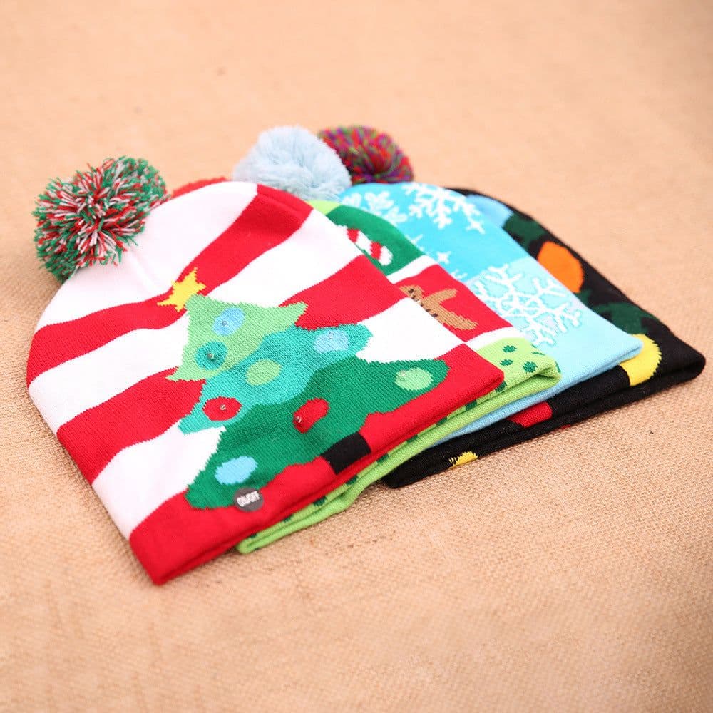 image-Christmas Decoration Knitted LED Light Cap Christmas Tree Snowman Adult Child Hat