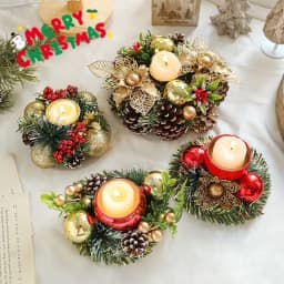 image-Christmas Candle Metals Candlestick Wreath Artificial Pinball Pinecone Candle Holder Fake Leaves Xmas New Year Home Table Decor