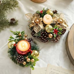 image-Christmas Candle Metals Candlestick Wreath Artificial Pinball Pinecone Candle Holder Fake Leaves Xmas New Year Home Table Decor