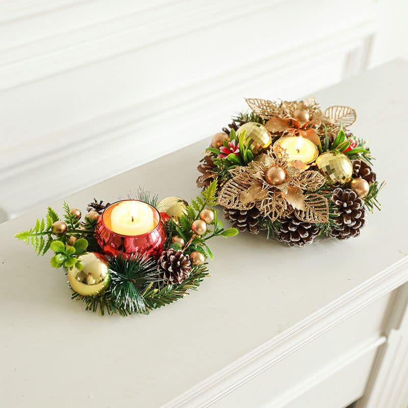 image-Christmas Candle Metals Candlestick Wreath Artificial Pinball Pinecone Candle Holder Fake Leaves Xmas New Year Home Table Decor