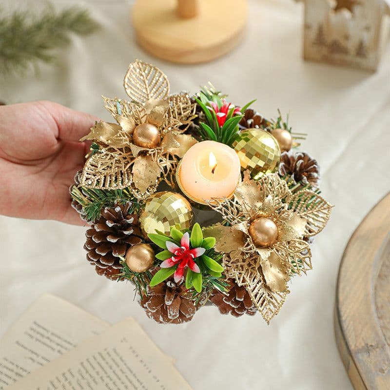 image-Christmas Candle Metals Candlestick Wreath Artificial Pinball Pinecone Candle Holder Fake Leaves Xmas New Year Home Table Decor