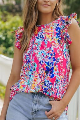 image-Rose Floral Print Tank Top with Ruffles