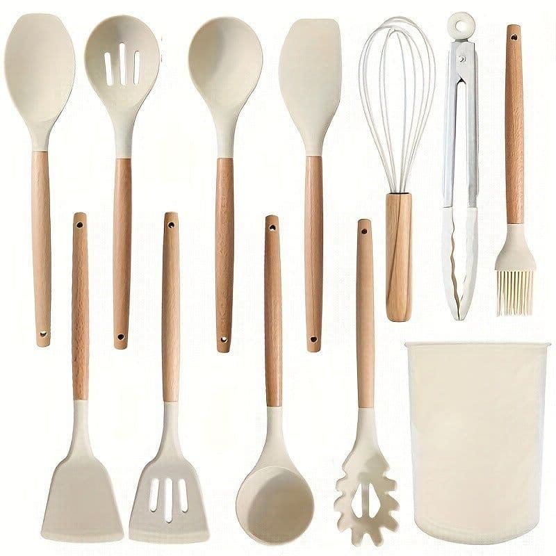 image-Wooden Handle Silicone Kitchenware Cooking Spatula Set