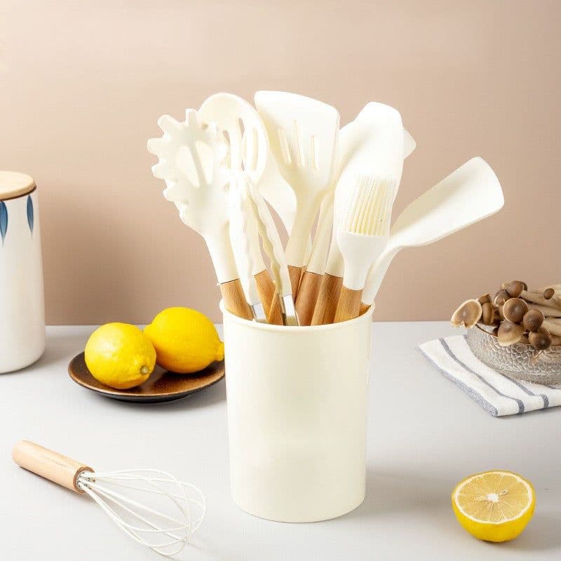 image-Wooden Handle Silicone Kitchenware Cooking Spatula Set