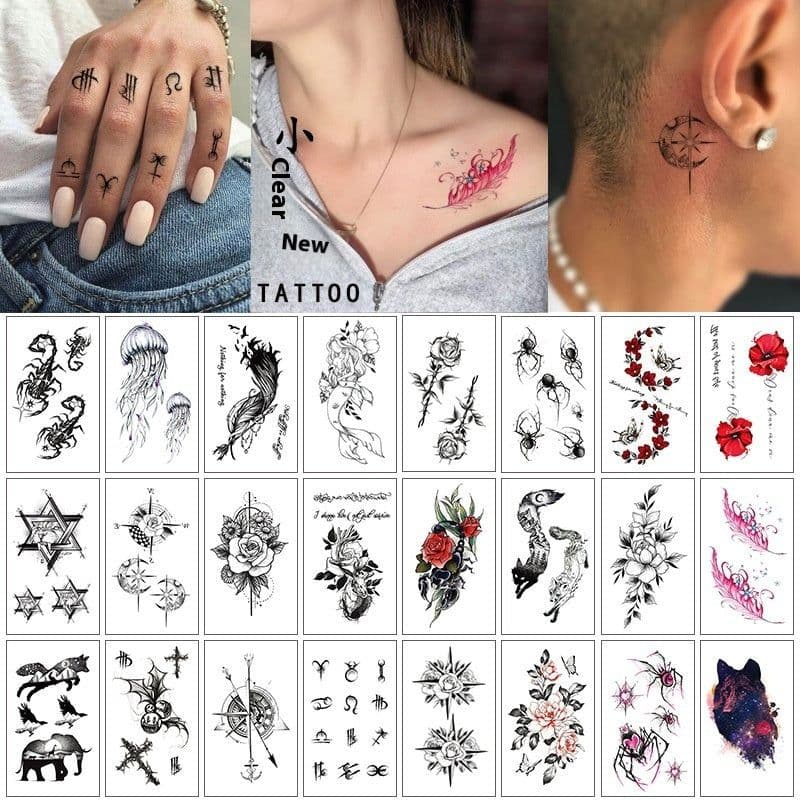 image-Tattoo Stickers English Letters Flowers Butterfly Sketch Lines Waterproof Tattoo