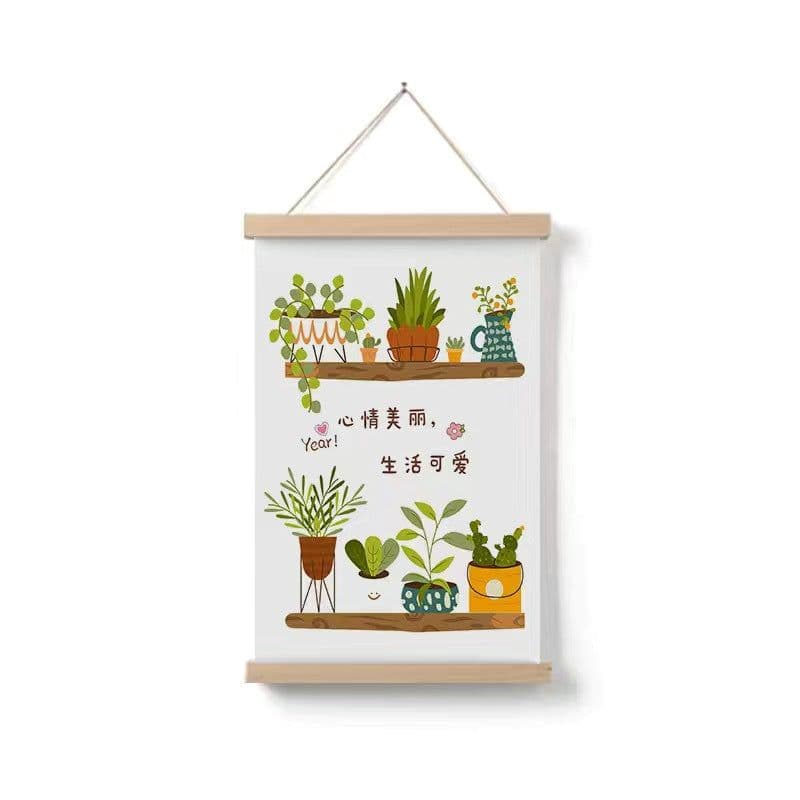 image-Simple Home Cartoon Green Plant Solid Wood Fabrics Hanging Picture