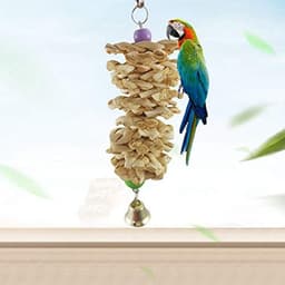 image-Bird Parrot Toy With Bell Natural Wooden Grass Bite Hanging Cage
