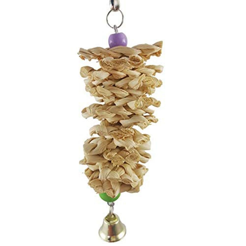 image-Bird Parrot Toy With Bell Natural Wooden Grass Bite Hanging Cage