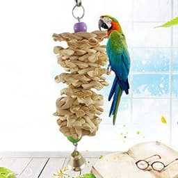 image-Bird Parrot Toy With Bell Natural Wooden Grass Bite Hanging Cage