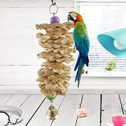 image-Bird Parrot Toy With Bell Natural Wooden Grass Bite Hanging Cage