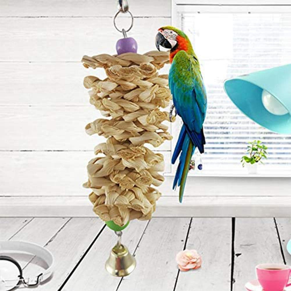 image-Bird Parrot Toy With Bell Natural Wooden Grass Bite Hanging Cage
