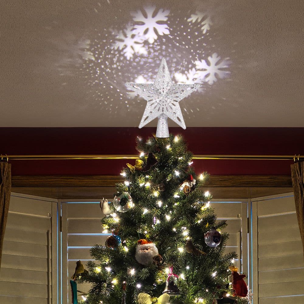 image-Christmas Tree Top Light Star Snowflake Shape LED Laser Projector Lights Christmas Tree Ornament