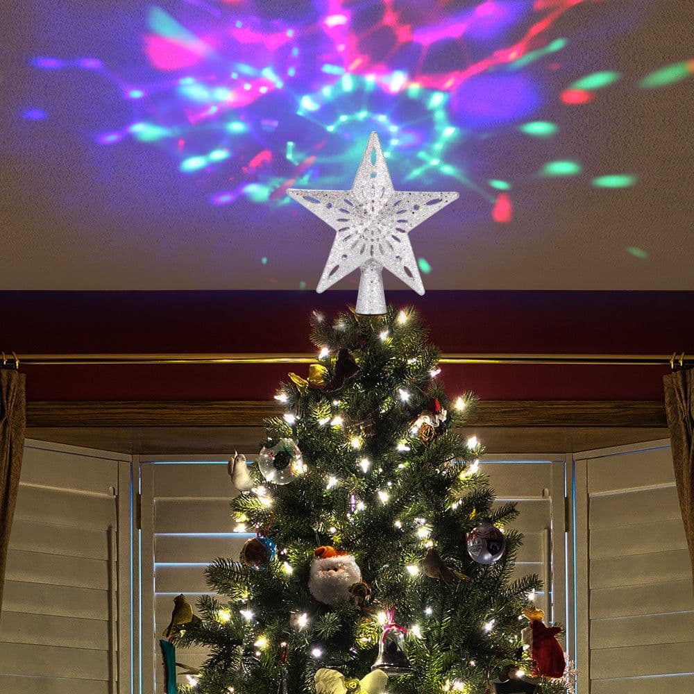 image-Christmas Tree Top Light Star Snowflake Shape LED Laser Projector Lights Christmas Tree Ornament