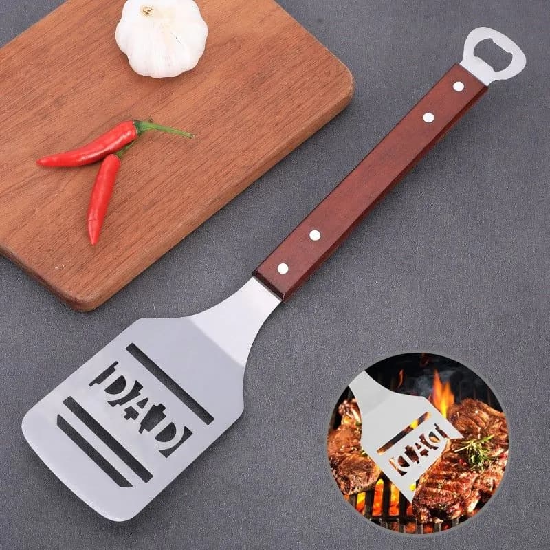 image-Household Outdoor Barbecue Oak Handle Spatula With Bottle Opener
