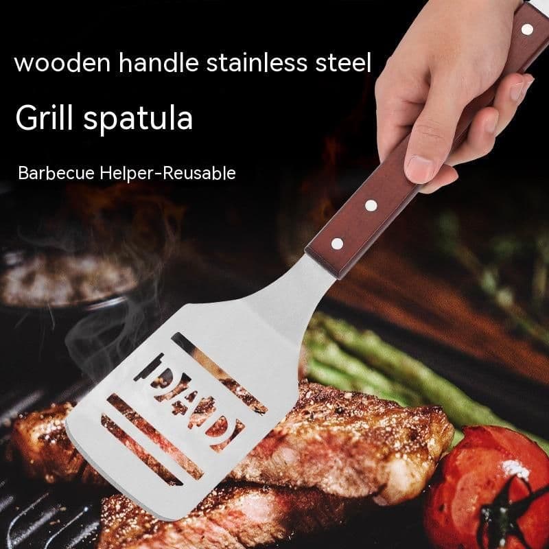 image-Household Outdoor Barbecue Oak Handle Spatula With Bottle Opener