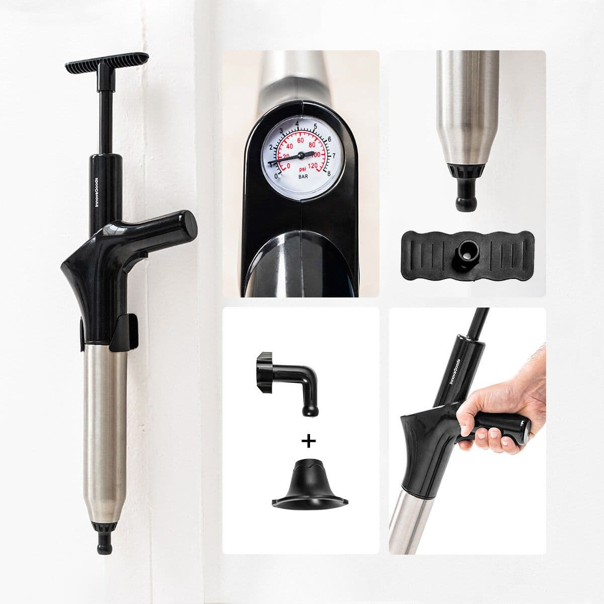 image-High-Pressure Compressed Air Plunger with Accessories and 5-in-1 Pressure Gauge Jetpro InnovaGoods