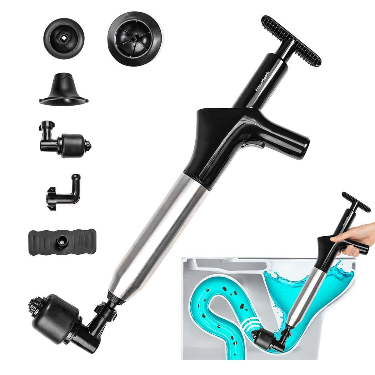 image-High-Pressure Compressed Air Plunger with Accessories and 5-in-1 Pressure Gauge Jetpro InnovaGoods