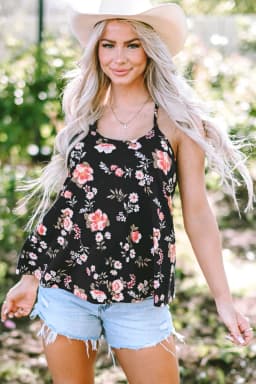 image-Black Floral Spaghetti Straps Strappy Back Tank Top