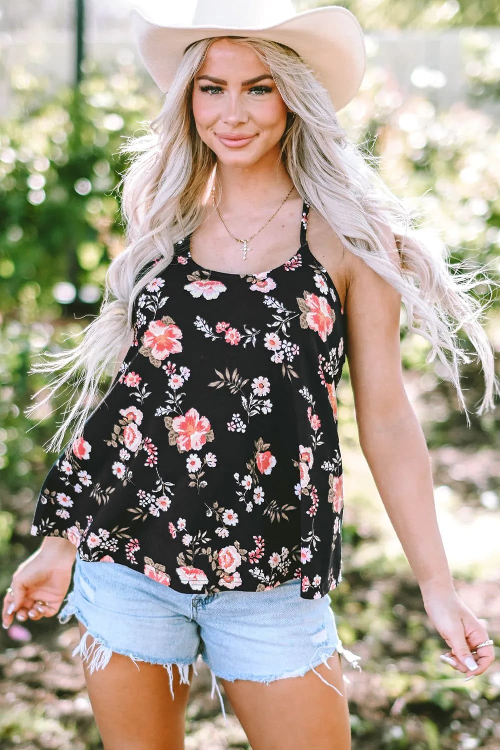 image-Black Floral Spaghetti Straps Strappy Back Tank Top
