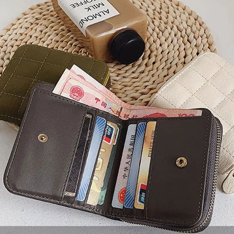 image-Women Fashion Small Zipper Wallet with Coin Purse PU Leather Plaid Purses Ladies Cute Mini Korean Version Small Card Pack New In