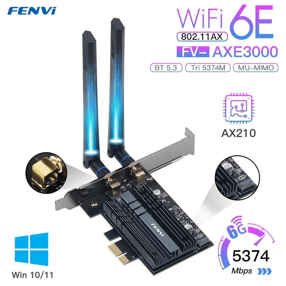 image-Fenvi 5374Mbps WiFi 6E Intel AX210 PCIe Wireless WiFi Adapter 2.4G/5G/6Ghz 802.11AX For Bluetooth 5.3 AX200 WiFi 6 Card PC Win10