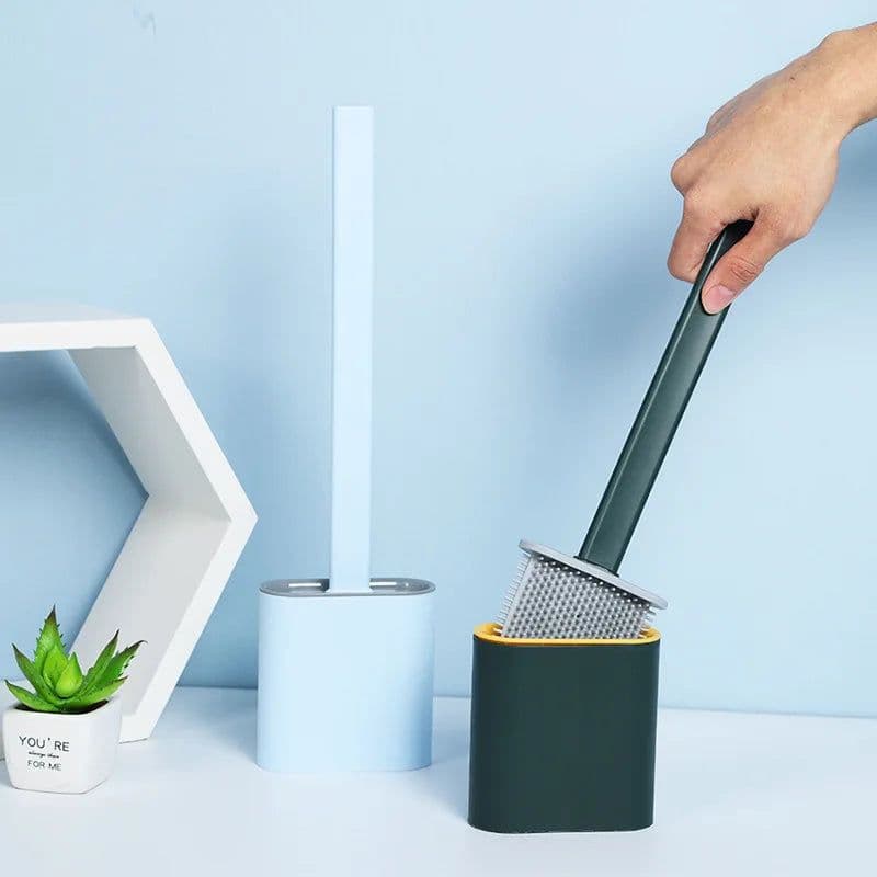 image-Black Silicone Toilet Brush Flat Head Soft Bristles White Brush With Quick Drying Holder Set For Bathroom Accessory Tools