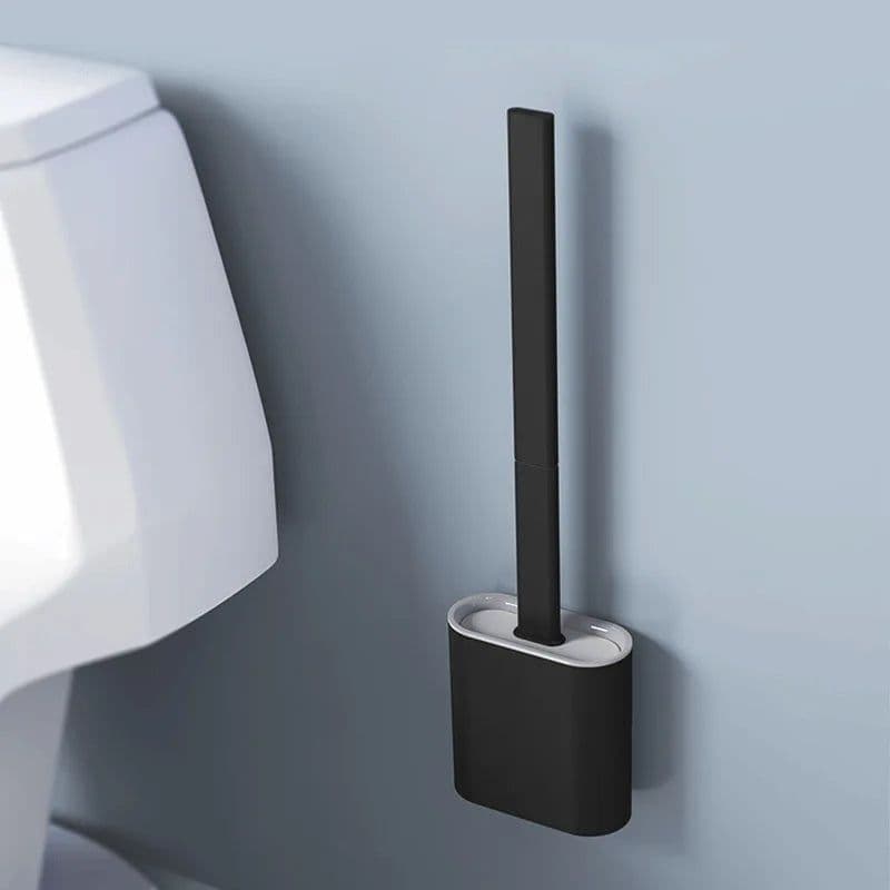 image-Black Silicone Toilet Brush Flat Head Soft Bristles White Brush With Quick Drying Holder Set For Bathroom Accessory Tools