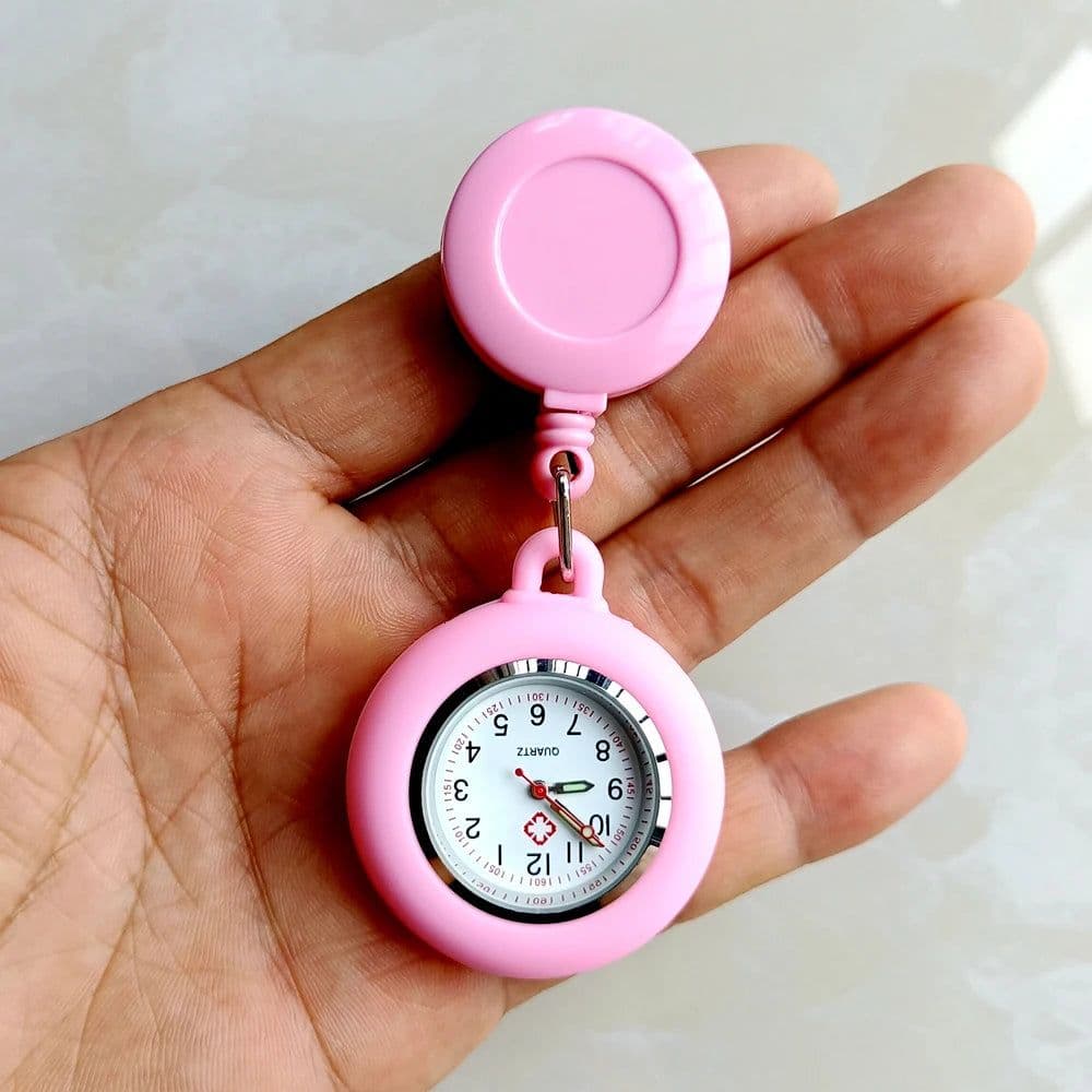 image-Colourful Blank Badge Reel Retractable Nurse Doctor Silicone Pocket Watch Fashion Hospital Hang Clips Quartz Gift Watches Clock