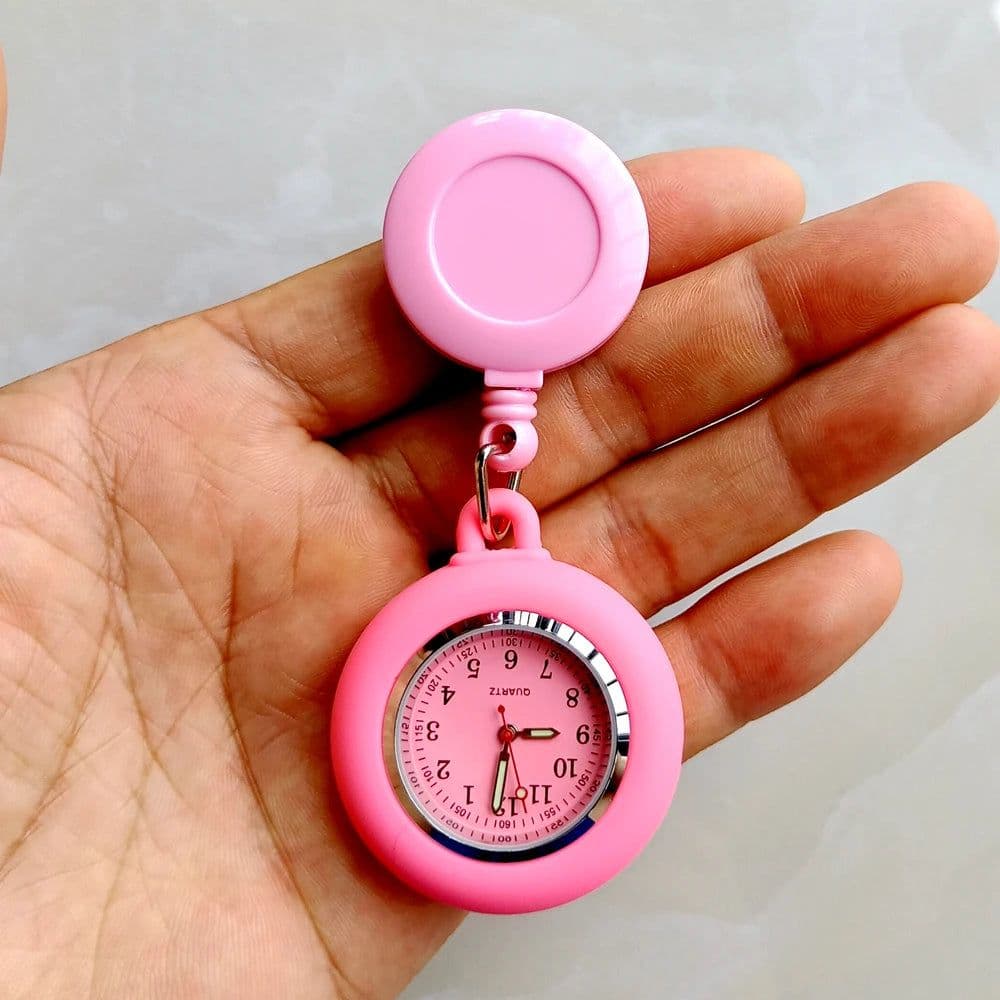 image-Colourful Blank Badge Reel Retractable Nurse Doctor Silicone Pocket Watch Fashion Hospital Hang Clips Quartz Gift Watches Clock