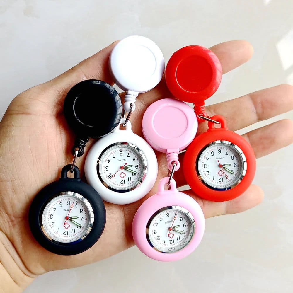 image-Colourful Blank Badge Reel Retractable Nurse Doctor Silicone Pocket Watch Fashion Hospital Hang Clips Quartz Gift Watches Clock